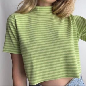Cropped green striped mock neck top